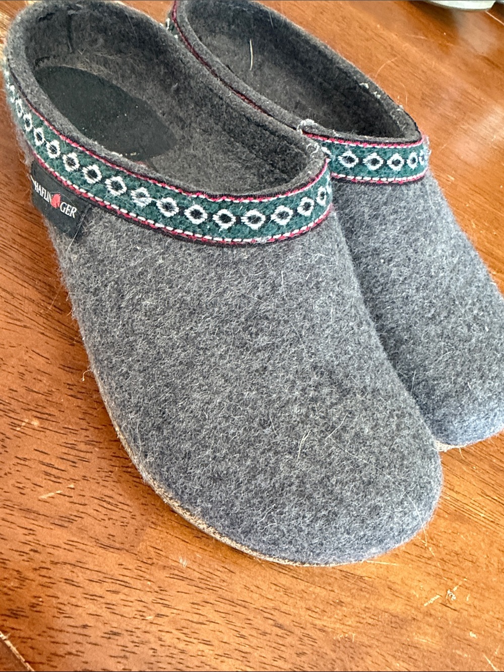 Haflinger Gray Felt Slip-On Clogs with Green Trim and Red Stitching